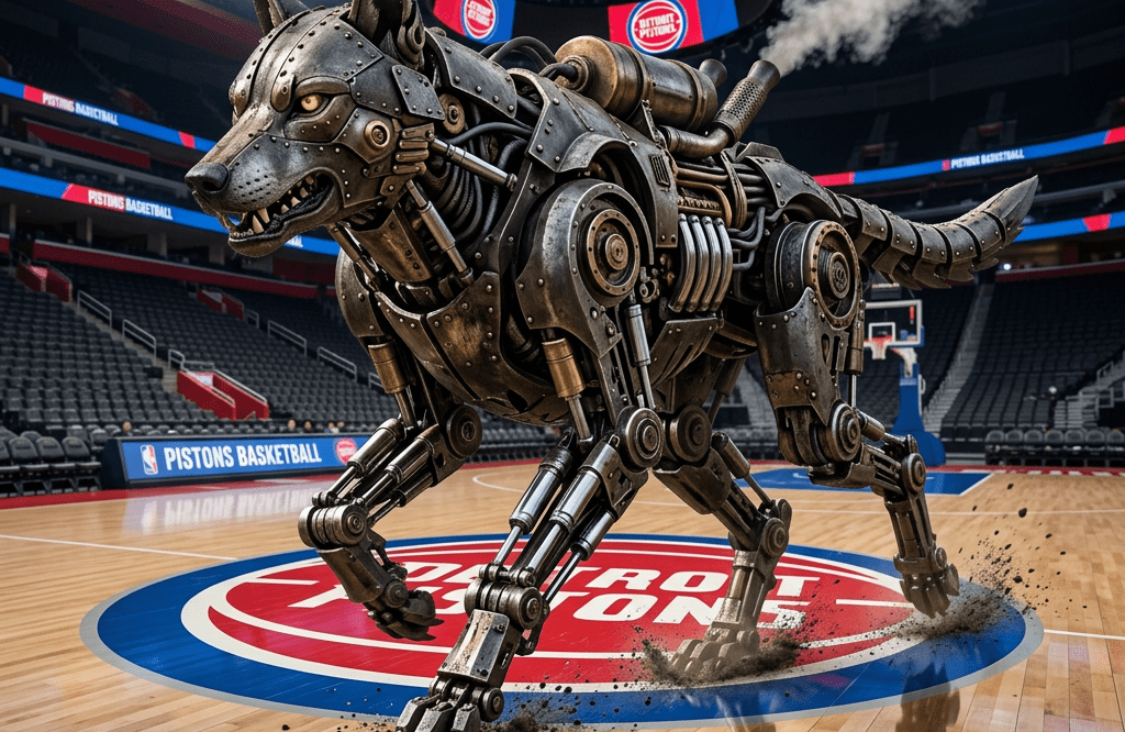 Metallic steampunk robotic wolf running on dirt path in industrial area